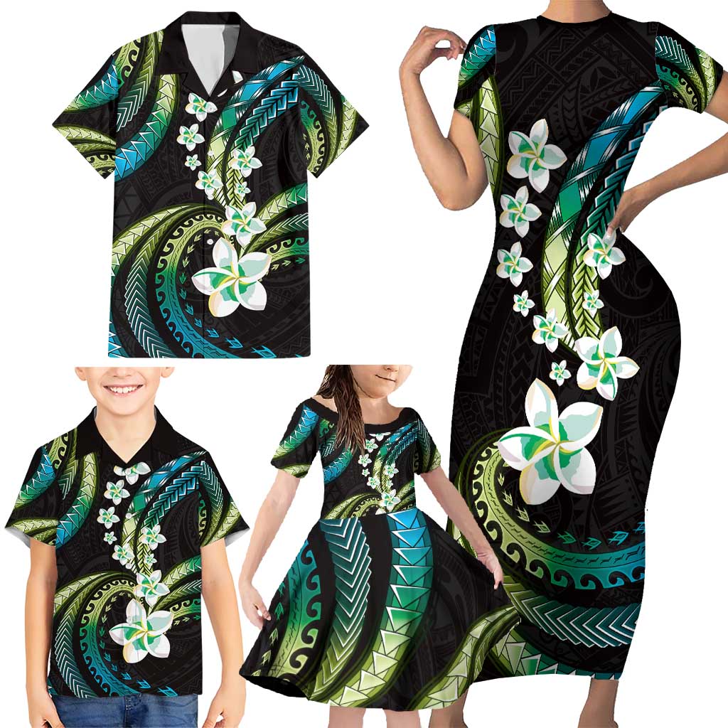 Hawaii Plumeria Family Matching Short Sleeve Bodycon Dress and Hawaiian Shirt Chartreuse Cyan Polynesian Pattern LT01 - Polynesian Pride