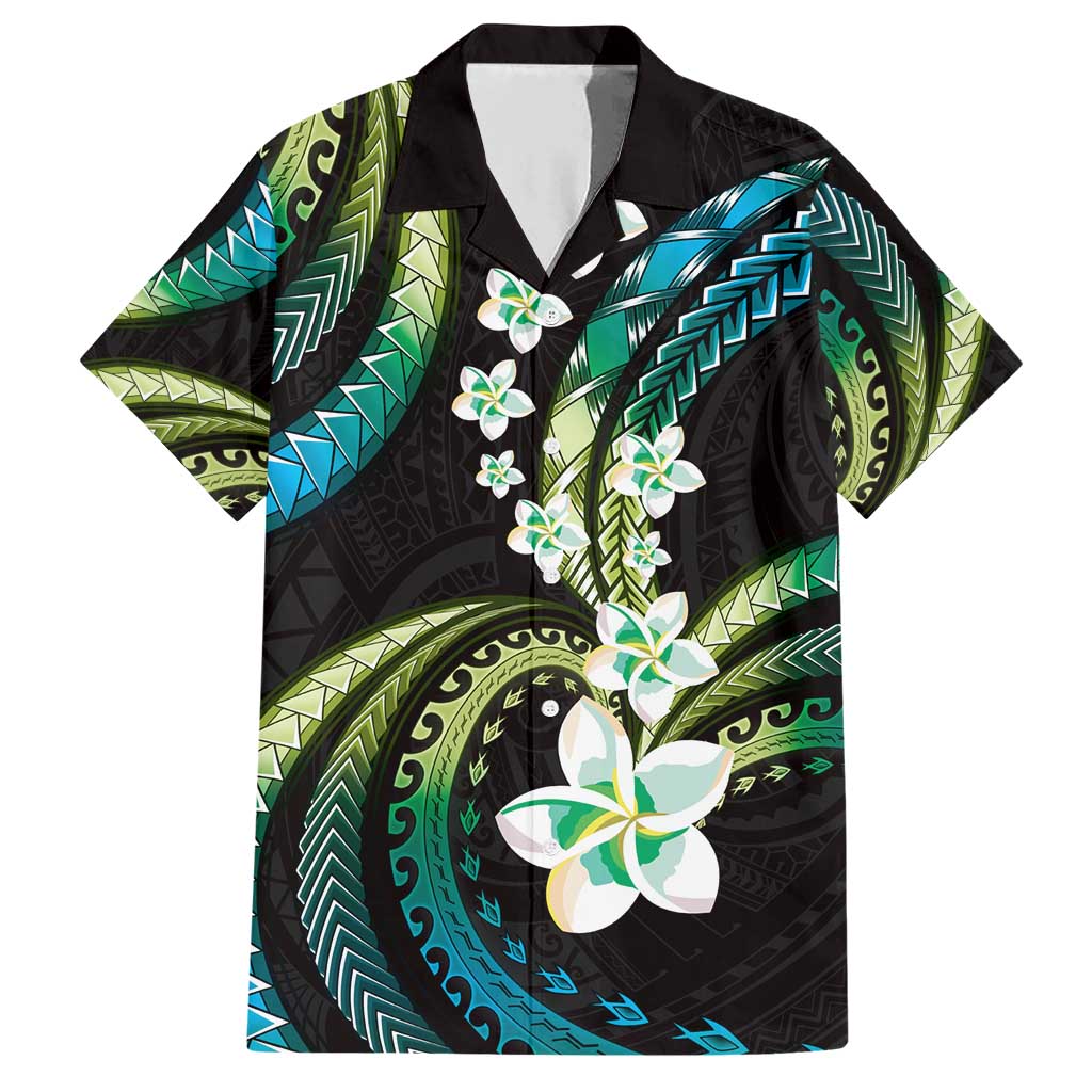 Hawaii Plumeria Family Matching Short Sleeve Bodycon Dress and Hawaiian Shirt Chartreuse Cyan Polynesian Pattern
