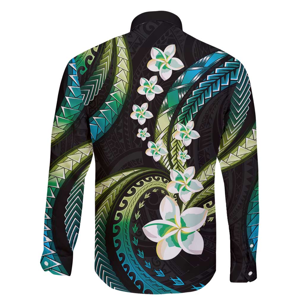 Hawaii Plumeria Family Matching Short Sleeve Bodycon Dress and Hawaiian Shirt Chartreuse Cyan Polynesian Pattern
