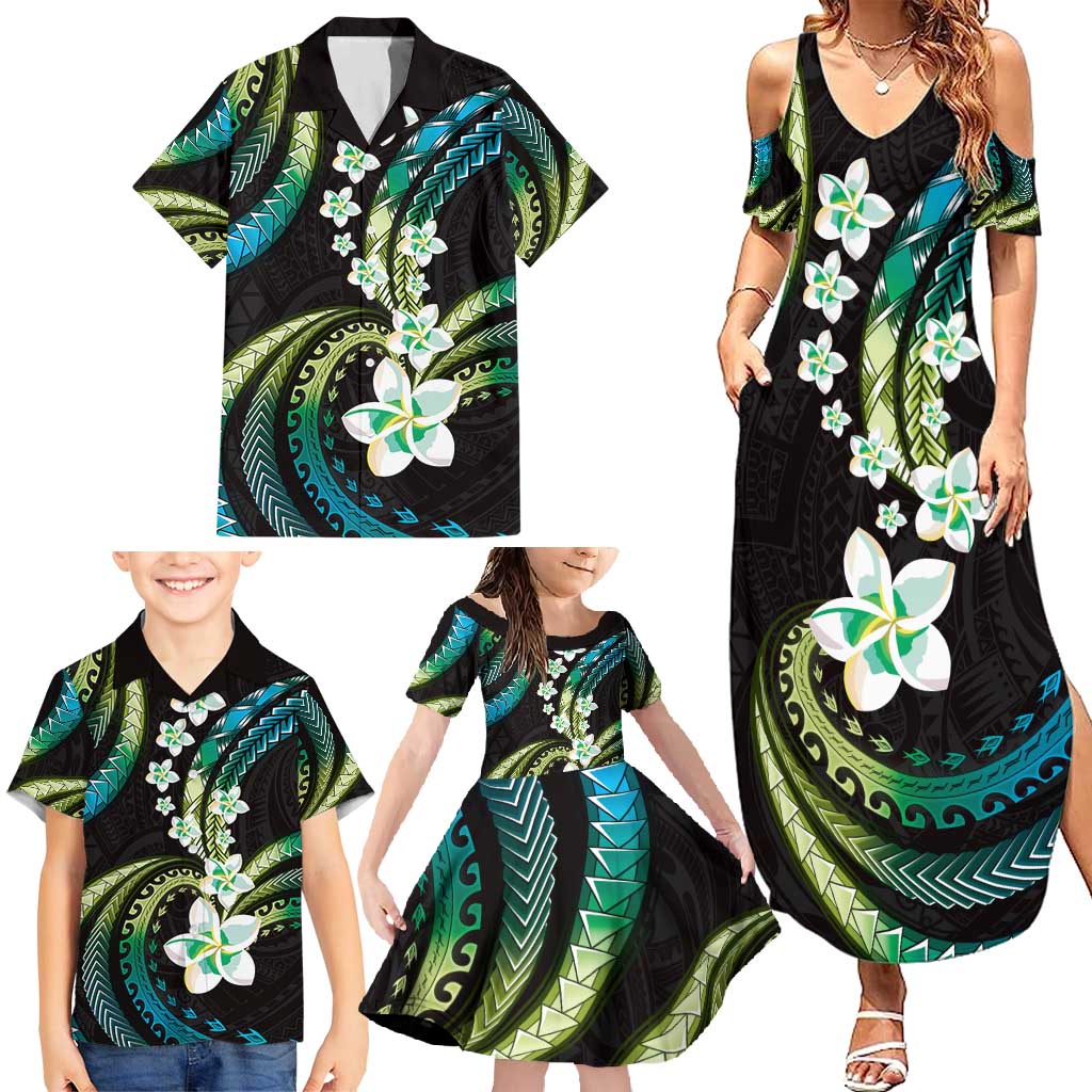 Hawaii Plumeria Family Matching Summer Maxi Dress and Hawaiian Shirt Chartreuse Cyan Polynesian Pattern LT01 - Polynesian Pride