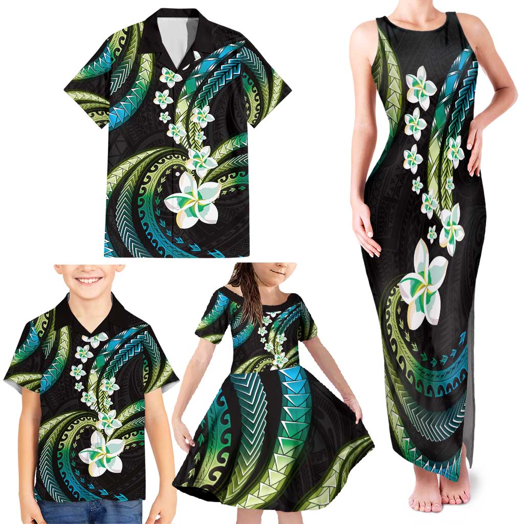 Hawaii Plumeria Family Matching Tank Maxi Dress and Hawaiian Shirt Chartreuse Cyan Polynesian Pattern LT01 - Polynesian Pride