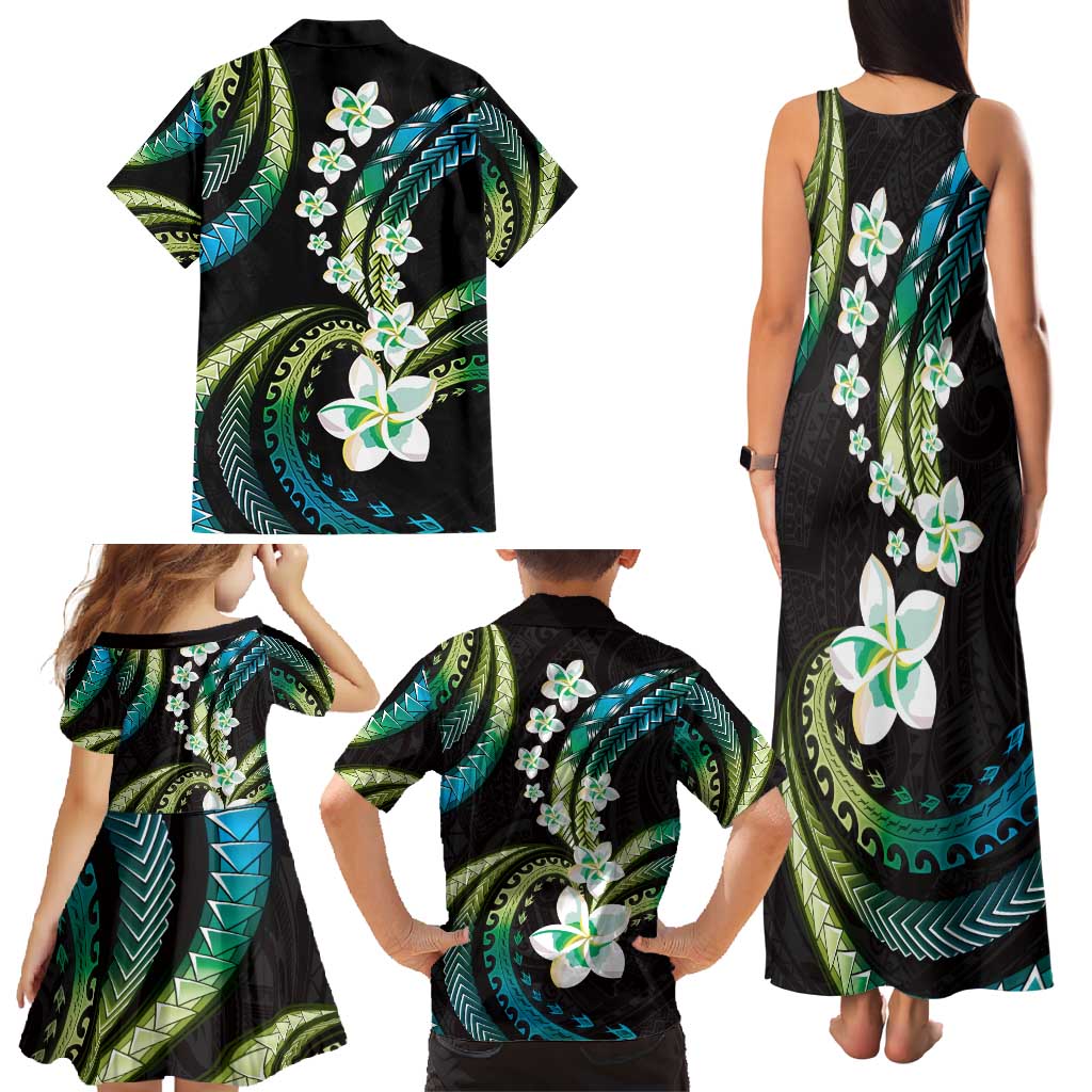 Hawaii Plumeria Family Matching Tank Maxi Dress and Hawaiian Shirt Chartreuse Cyan Polynesian Pattern LT01 - Polynesian Pride