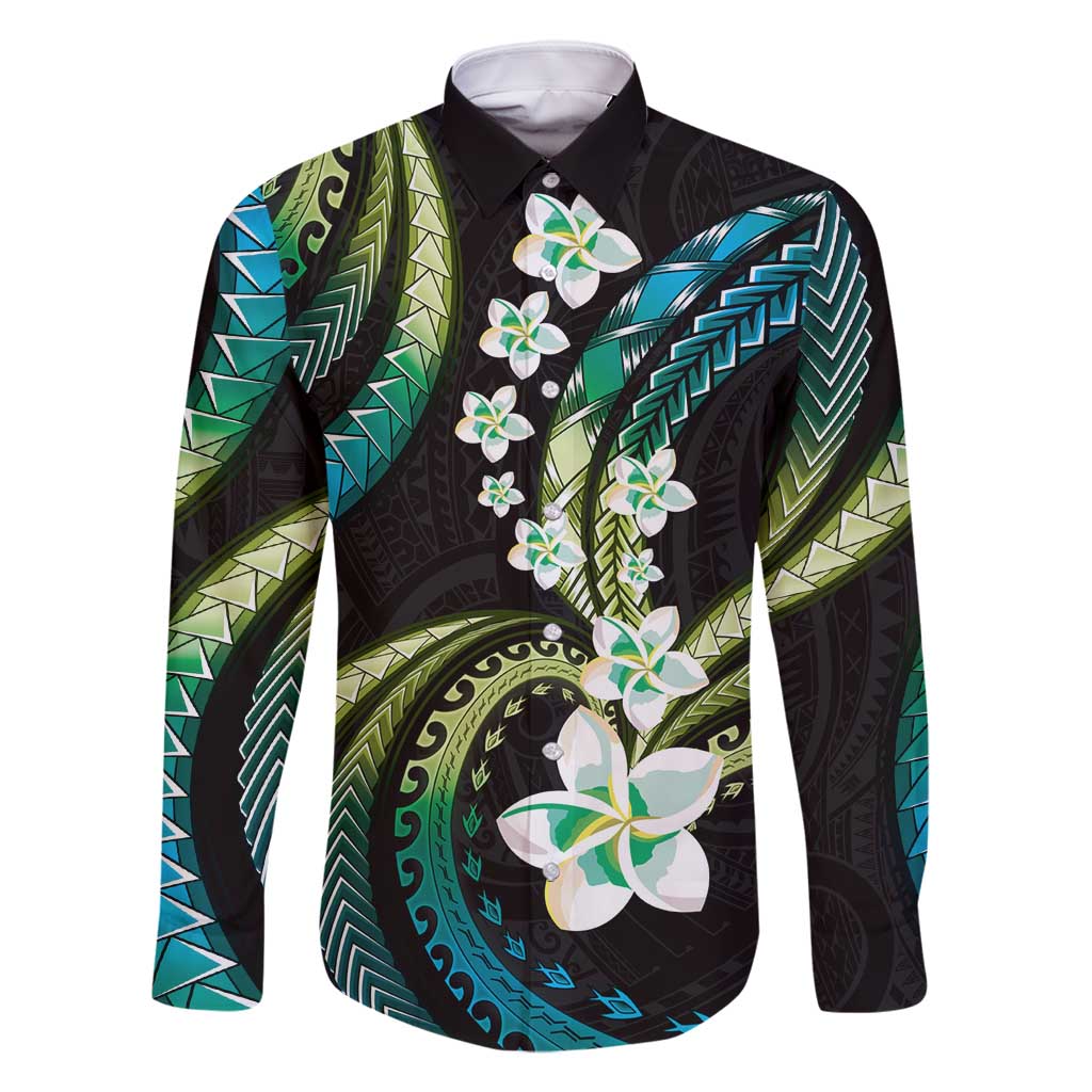 Hawaii Plumeria Family Matching Tank Maxi Dress and Hawaiian Shirt Chartreuse Cyan Polynesian Pattern LT01 Dad's Shirt - Long Sleeve Cyan - Polynesian Pride