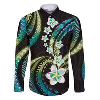 Hawaii Plumeria Family Matching Tank Maxi Dress and Hawaiian Shirt Chartreuse Cyan Polynesian Pattern LT01 Dad's Shirt - Long Sleeve Cyan - Polynesian Pride