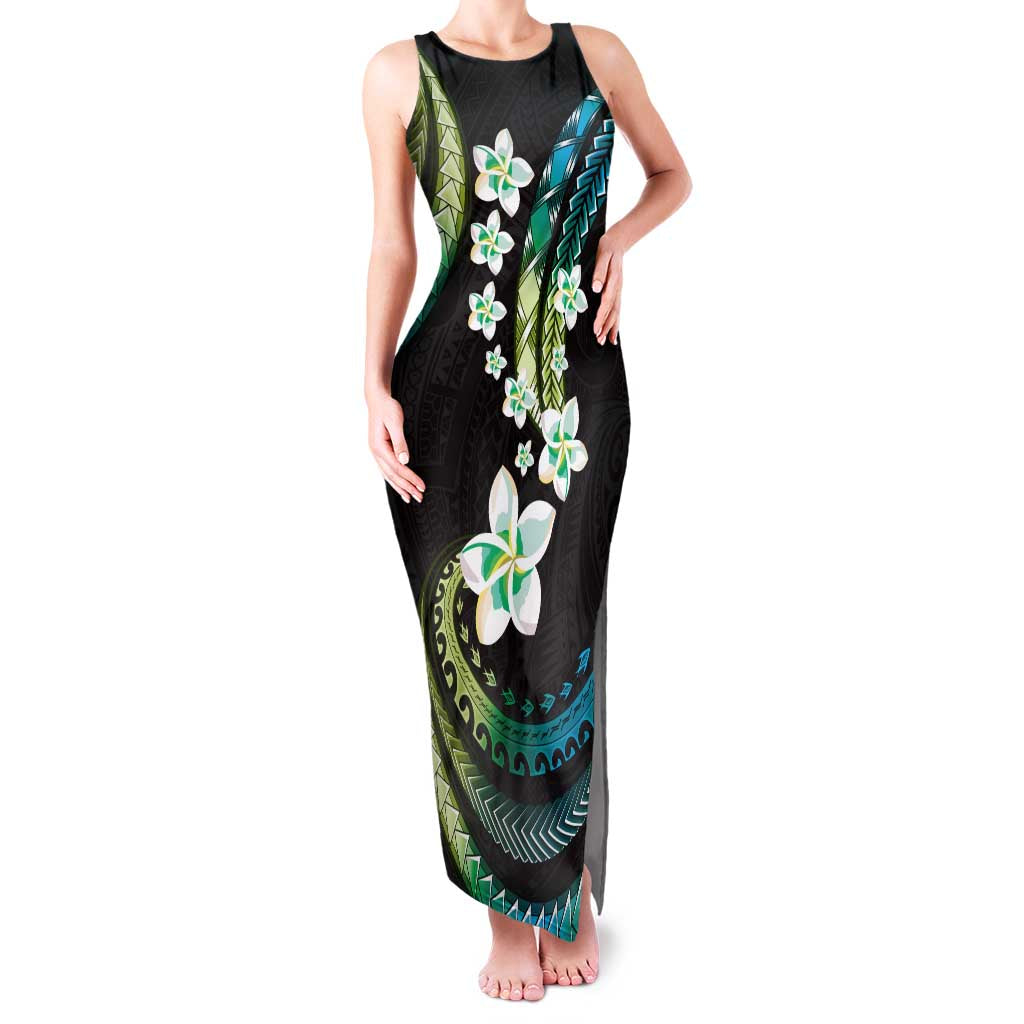 Hawaii Plumeria Family Matching Tank Maxi Dress and Hawaiian Shirt Chartreuse Cyan Polynesian Pattern LT01 Mom's Dress Cyan - Polynesian Pride
