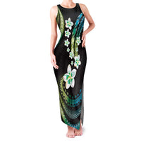 Hawaii Plumeria Family Matching Tank Maxi Dress and Hawaiian Shirt Chartreuse Cyan Polynesian Pattern LT01 Mom's Dress Cyan - Polynesian Pride