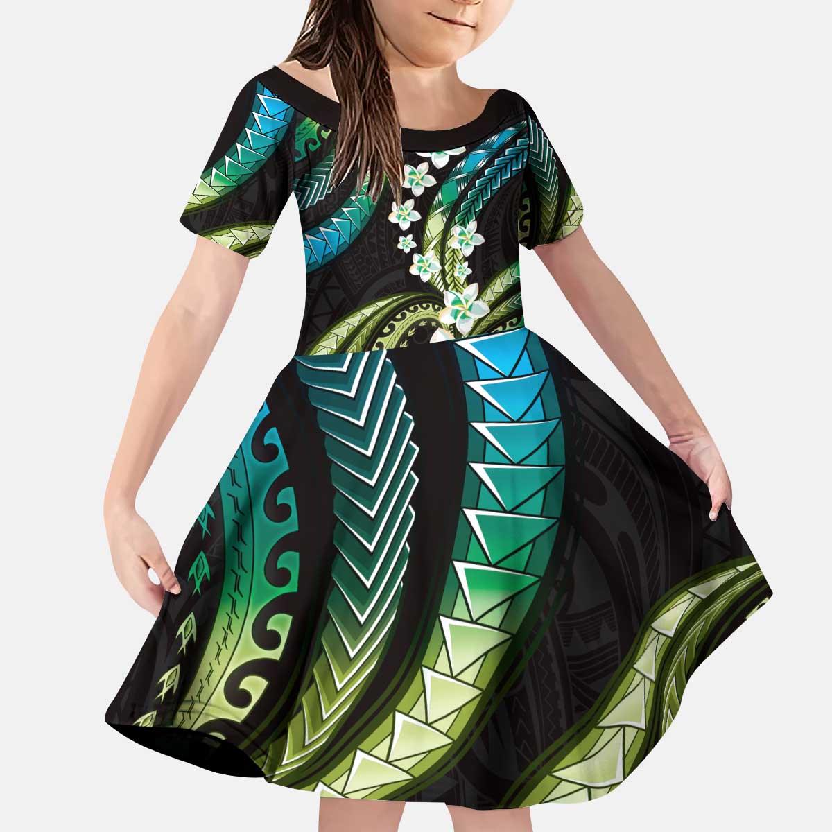 Hawaii Plumeria Kid Short Sleeve Dress Chartreuse Cyan Polynesian Pattern