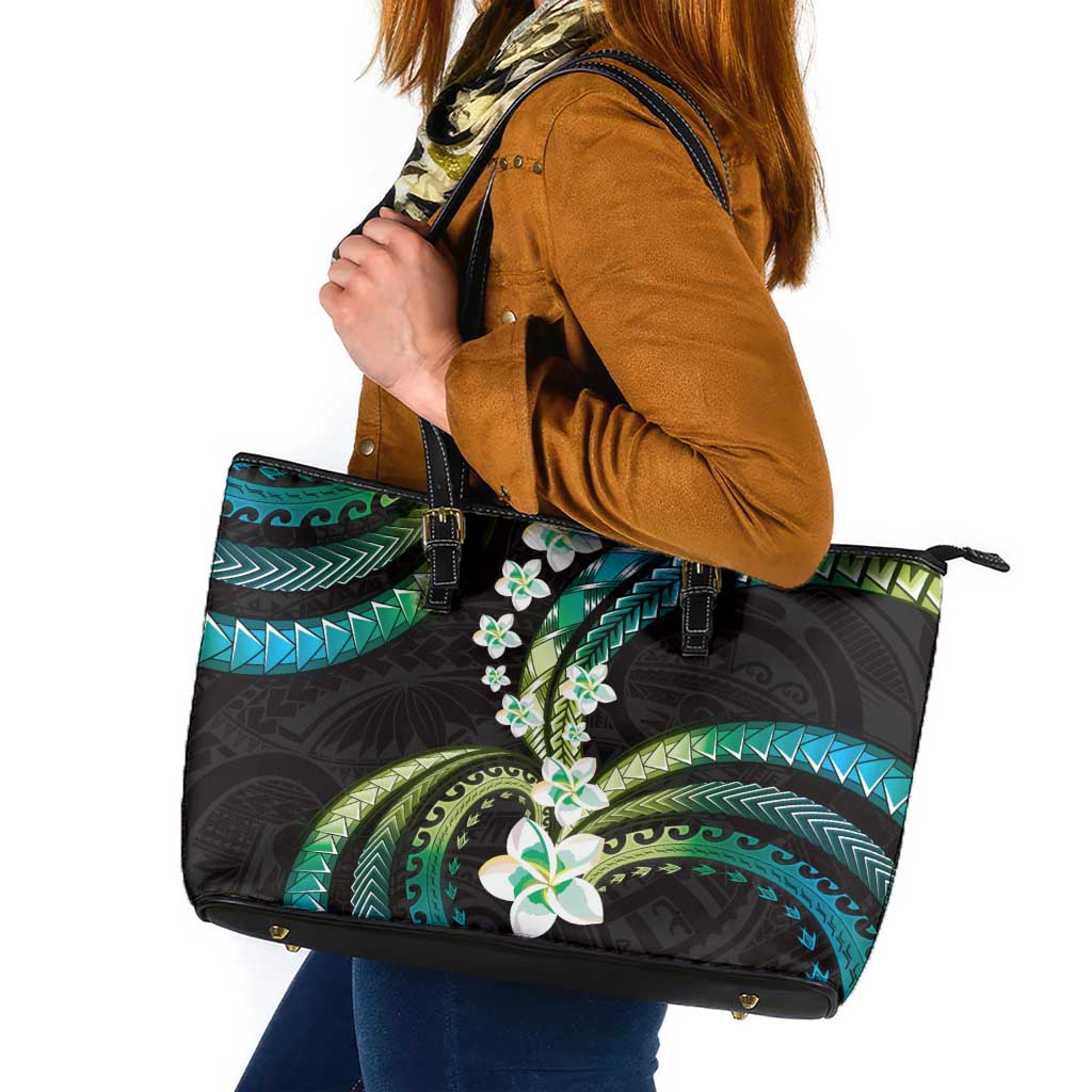 Hawaii Plumeria Leather Tote Bag Chartreuse Cyan Polynesian Pattern