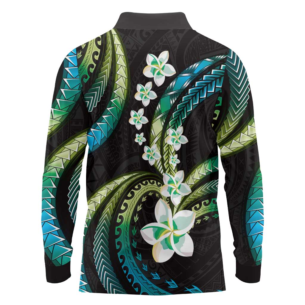 Hawaii Plumeria Long Sleeve Polo Shirt Chartreuse Cyan Polynesian Pattern