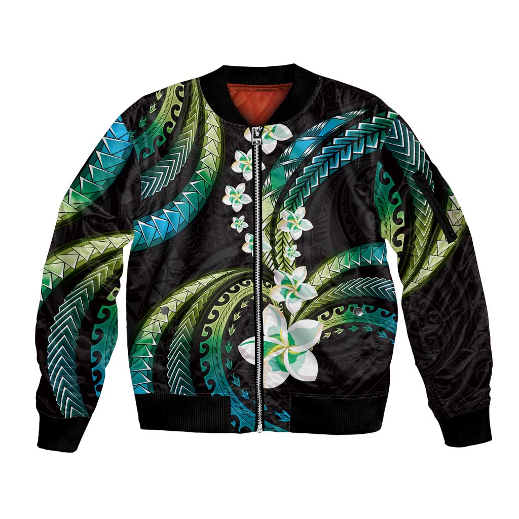 Hawaii Plumeria Sleeve Zip Bomber Jacket Chartreuse Cyan Polynesian Pattern LT01 Unisex Cyan - Polynesian Pride