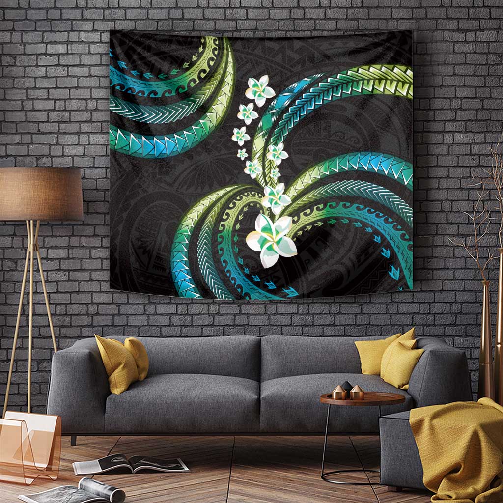 Hawaii Plumeria Tapestry Chartreuse Cyan Polynesian Pattern LT01 Cyan - Polynesian Pride