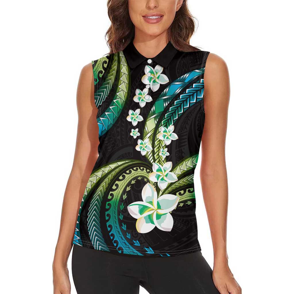 Hawaii Plumeria Women Sleeveless Polo Shirt Chartreuse Cyan Polynesian Pattern