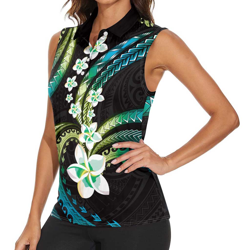 Hawaii Plumeria Women Sleeveless Polo Shirt Chartreuse Cyan Polynesian Pattern