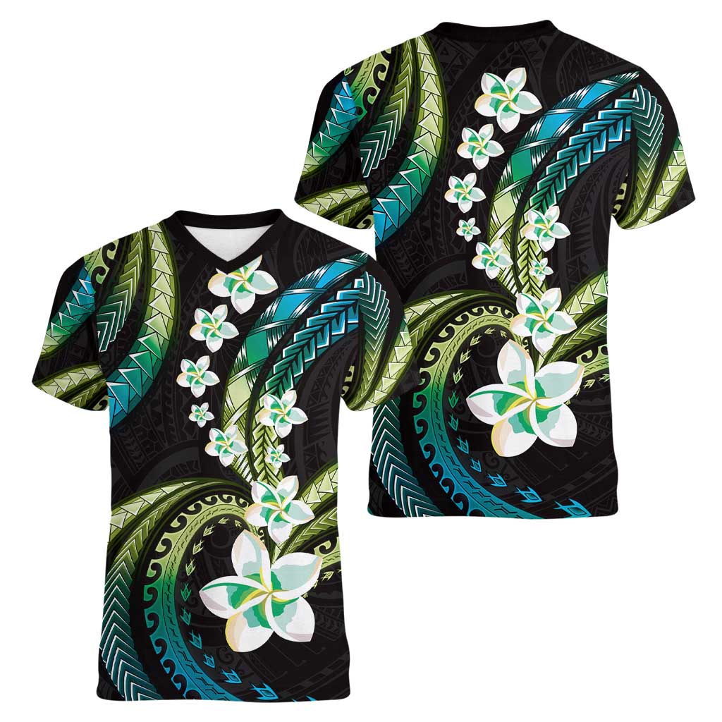 Hawaii Plumeria Women V-Neck T-Shirt Chartreuse Cyan Polynesian Pattern
