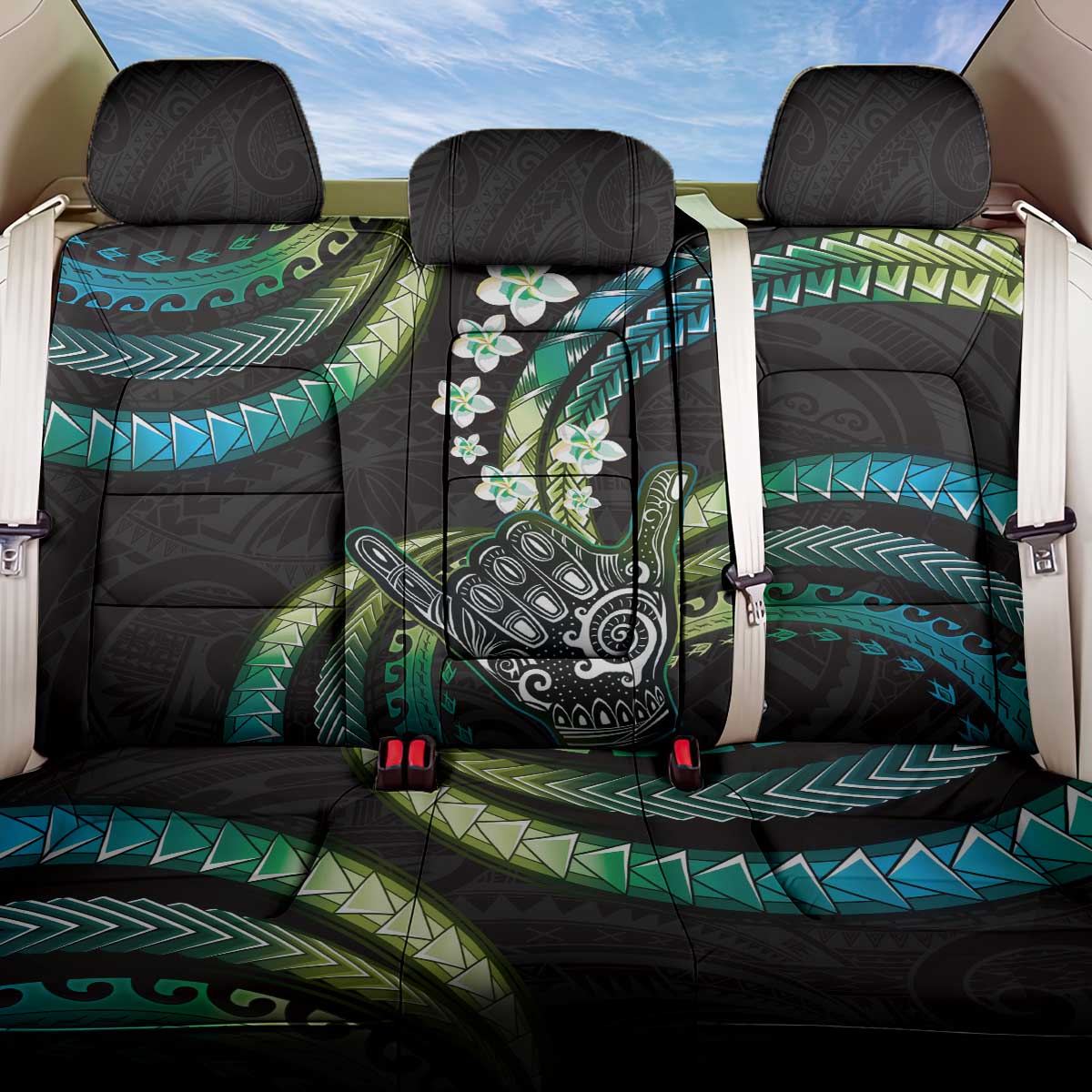 Hawaii Shaka Sign Back Car Seat Cover Fantastic Frangipani Chartreuse Cyan