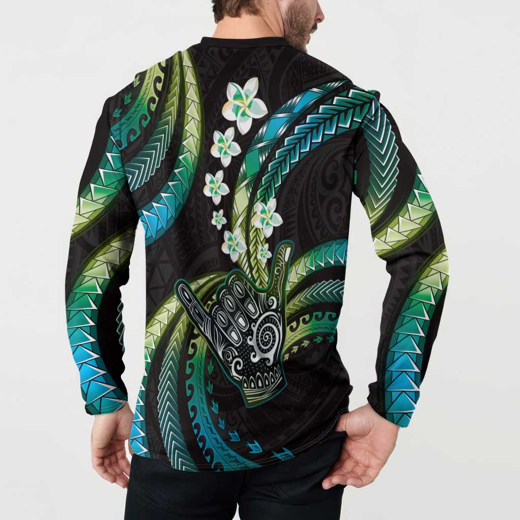 Hawaii Shaka Sign Button Sweatshirt Fantastic Frangipani Chartreuse Cyan