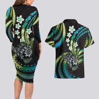Hawaii Shaka Sign Couples Matching Long Sleeve Bodycon Dress and Hawaiian Shirt Fantastic Frangipani Chartreuse Cyan LT01 - Polynesian Pride
