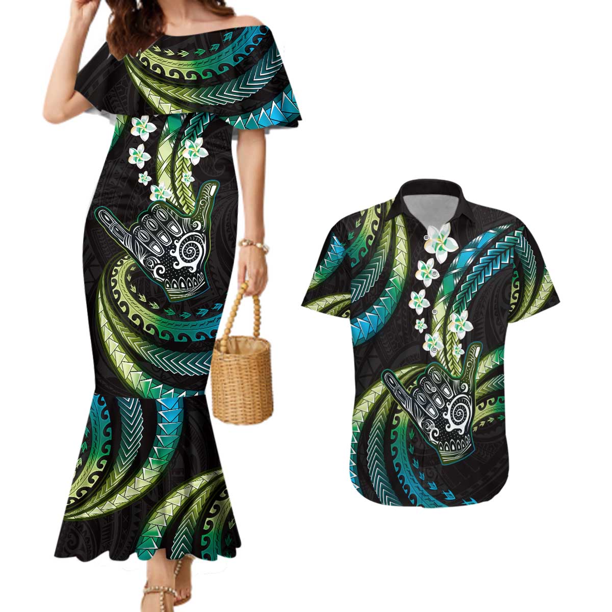 Hawaii Shaka Sign Couples Matching Mermaid Dress and Hawaiian Shirt Fantastic Frangipani Chartreuse Cyan