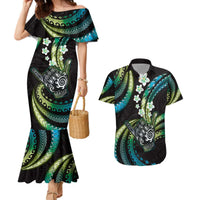 Hawaii Shaka Sign Couples Matching Mermaid Dress and Hawaiian Shirt Fantastic Frangipani Chartreuse Cyan