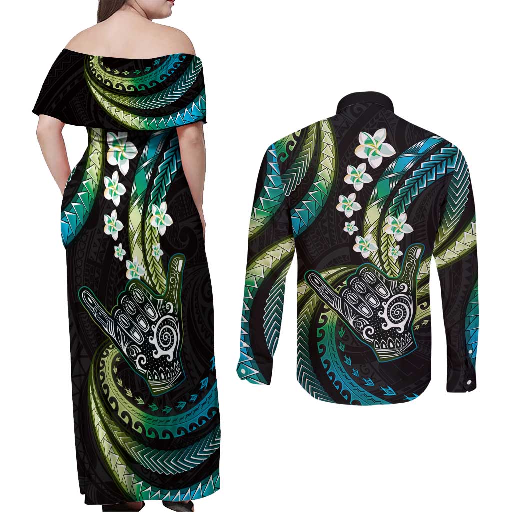 Hawaii Shaka Sign Couples Matching Off Shoulder Maxi Dress and Long Sleeve Button Shirt Fantastic Frangipani Chartreuse Cyan