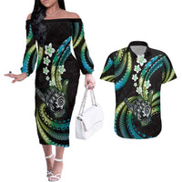 Hawaii Shaka Sign Couples Matching Off The Shoulder Long Sleeve Dress and Hawaiian Shirt Fantastic Frangipani Chartreuse Cyan LT01 Cyan - Polynesian Pride