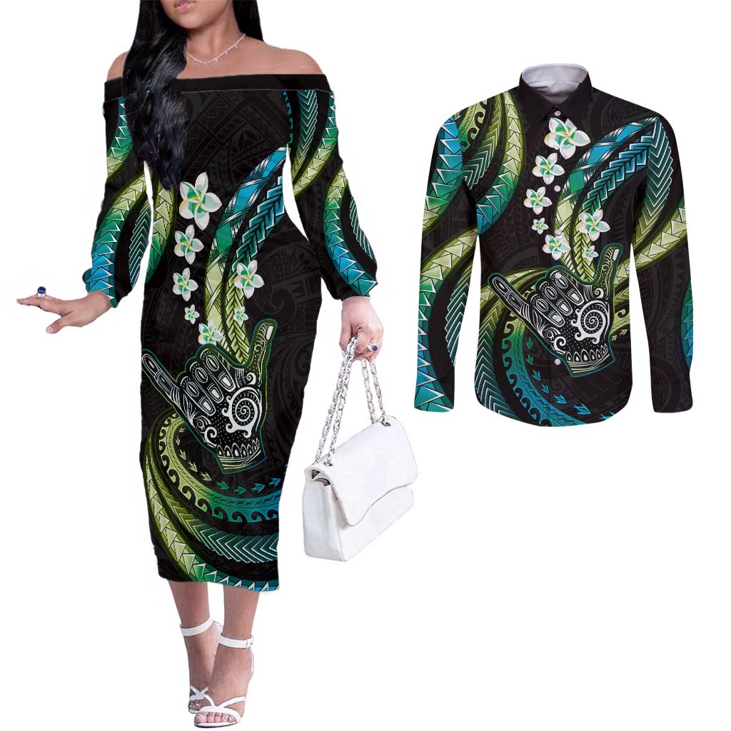 Hawaii Shaka Sign Couples Matching Off The Shoulder Long Sleeve Dress and Long Sleeve Button Shirt Fantastic Frangipani Chartreuse Cyan