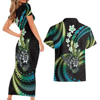 Hawaii Shaka Sign Couples Matching Short Sleeve Bodycon Dress and Hawaiian Shirt Fantastic Frangipani Chartreuse Cyan LT01 - Polynesian Pride