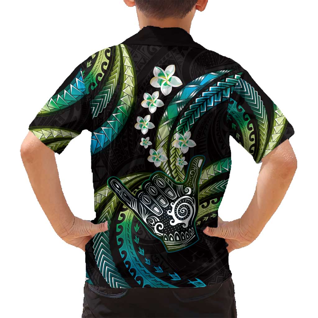 Hawaii Shaka Sign Family Matching Long Sleeve Bodycon Dress and Hawaiian Shirt Fantastic Frangipani Chartreuse Cyan LT01 - Polynesian Pride