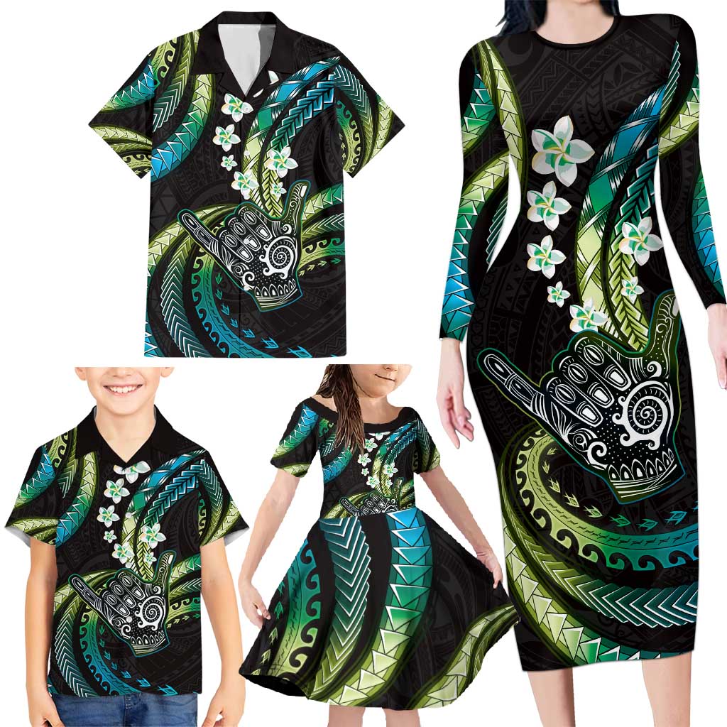 Hawaii Shaka Sign Family Matching Long Sleeve Bodycon Dress and Hawaiian Shirt Fantastic Frangipani Chartreuse Cyan LT01 - Polynesian Pride