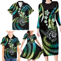 Hawaii Shaka Sign Family Matching Long Sleeve Bodycon Dress and Hawaiian Shirt Fantastic Frangipani Chartreuse Cyan LT01 - Polynesian Pride