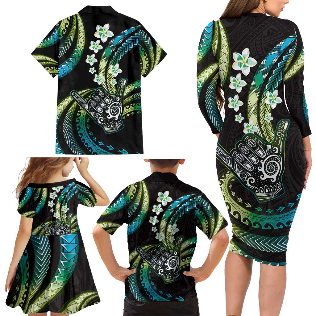 Hawaii Shaka Sign Family Matching Long Sleeve Bodycon Dress and Hawaiian Shirt Fantastic Frangipani Chartreuse Cyan LT01 - Polynesian Pride