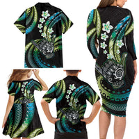 Hawaii Shaka Sign Family Matching Long Sleeve Bodycon Dress and Hawaiian Shirt Fantastic Frangipani Chartreuse Cyan LT01 - Polynesian Pride