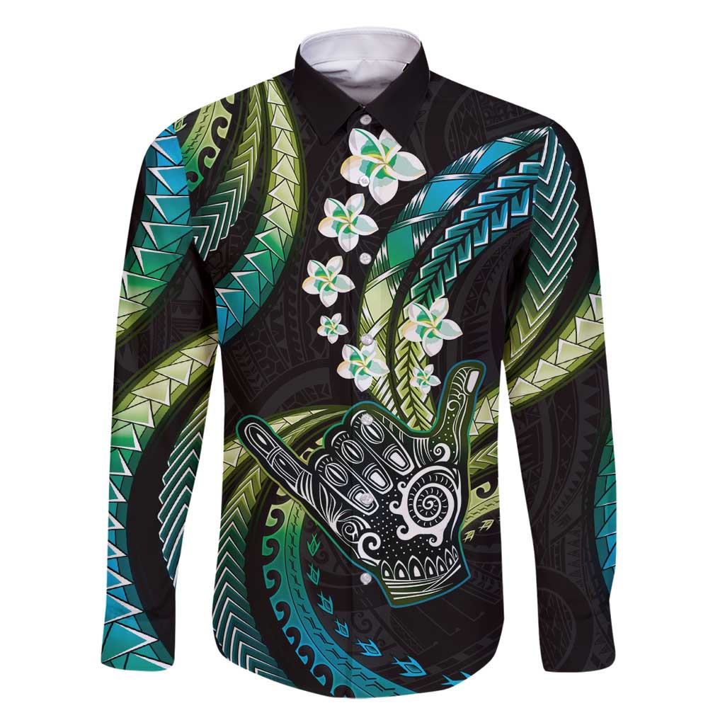 Hawaii Shaka Sign Family Matching Long Sleeve Bodycon Dress and Hawaiian Shirt Fantastic Frangipani Chartreuse Cyan LT01 Dad's Shirt - Long Sleeve Cyan - Polynesian Pride