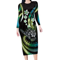 Hawaii Shaka Sign Family Matching Long Sleeve Bodycon Dress and Hawaiian Shirt Fantastic Frangipani Chartreuse Cyan LT01 Mom's Dress Cyan - Polynesian Pride