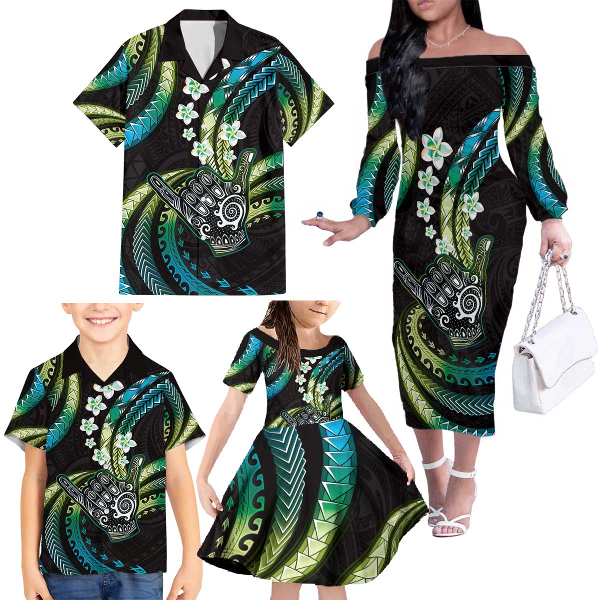 Hawaii Shaka Sign Family Matching Off The Shoulder Long Sleeve Dress and Hawaiian Shirt Fantastic Frangipani Chartreuse Cyan LT01 - Polynesian Pride