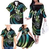 Hawaii Shaka Sign Family Matching Off The Shoulder Long Sleeve Dress and Hawaiian Shirt Fantastic Frangipani Chartreuse Cyan LT01 - Polynesian Pride