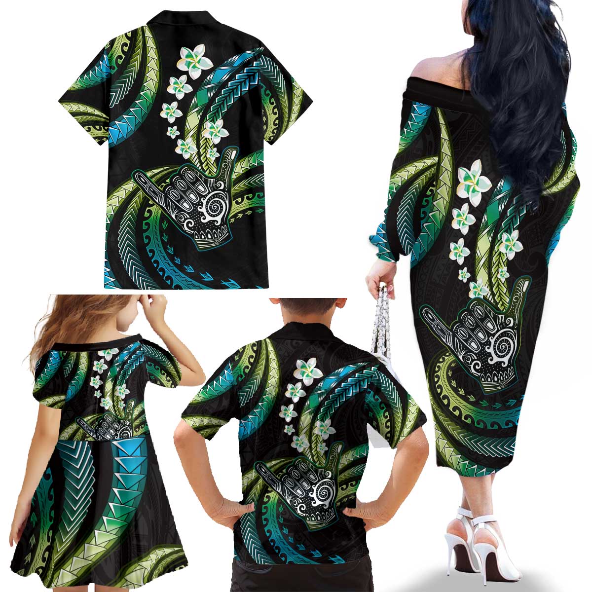 Hawaii Shaka Sign Family Matching Off The Shoulder Long Sleeve Dress and Hawaiian Shirt Fantastic Frangipani Chartreuse Cyan LT01 - Polynesian Pride
