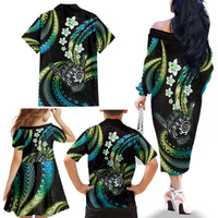 Hawaii Shaka Sign Family Matching Off The Shoulder Long Sleeve Dress and Hawaiian Shirt Fantastic Frangipani Chartreuse Cyan LT01 - Polynesian Pride