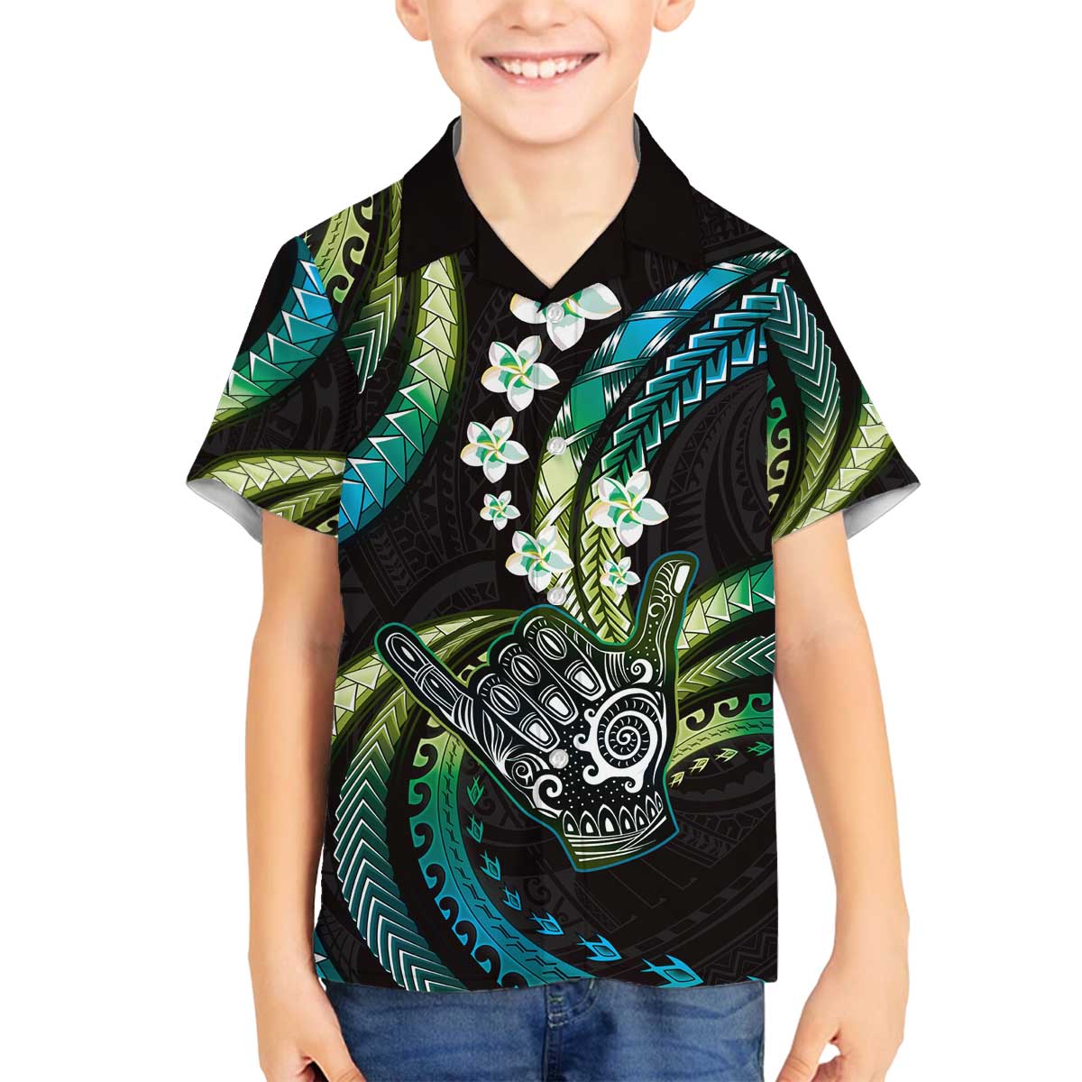 Hawaii Shaka Sign Family Matching Off The Shoulder Long Sleeve Dress and Hawaiian Shirt Fantastic Frangipani Chartreuse Cyan LT01 Son's Shirt Cyan - Polynesian Pride