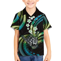 Hawaii Shaka Sign Family Matching Off The Shoulder Long Sleeve Dress and Hawaiian Shirt Fantastic Frangipani Chartreuse Cyan LT01 Son's Shirt Cyan - Polynesian Pride