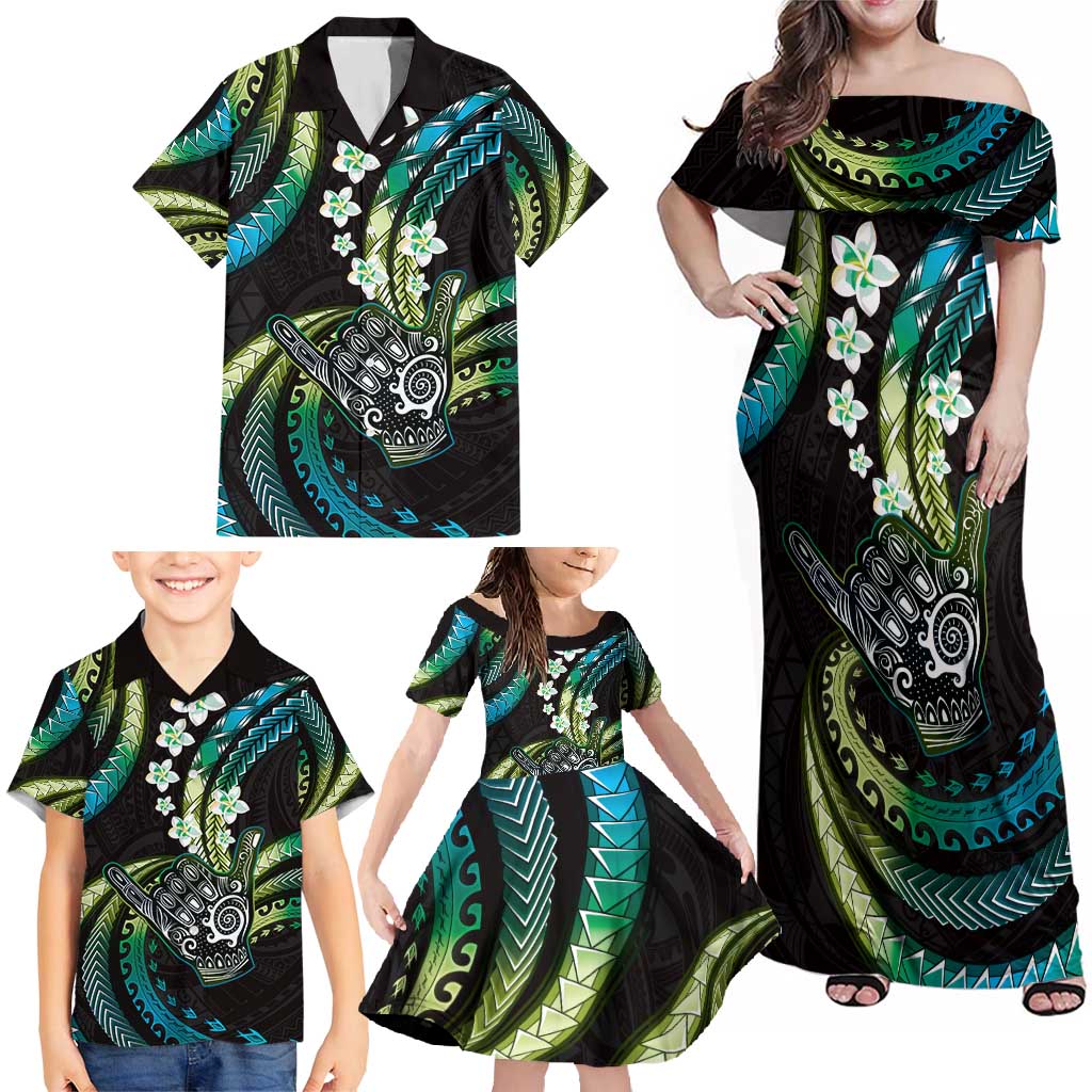 Hawaii Shaka Sign Family Matching Off Shoulder Maxi Dress and Hawaiian Shirt Fantastic Frangipani Chartreuse Cyan LT01 - Polynesian Pride