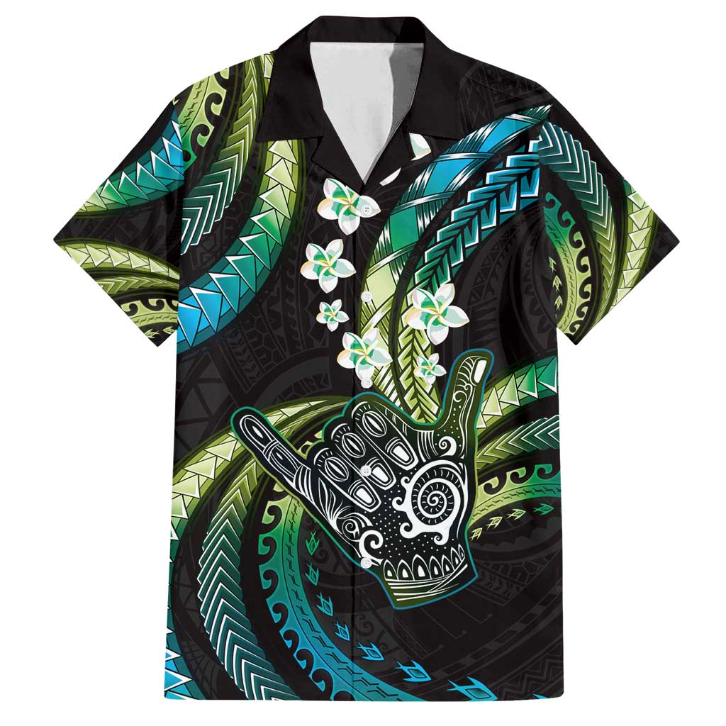 Hawaii Shaka Sign Family Matching Off Shoulder Maxi Dress and Hawaiian Shirt Fantastic Frangipani Chartreuse Cyan LT01 Dad's Shirt - Short Sleeve Cyan - Polynesian Pride