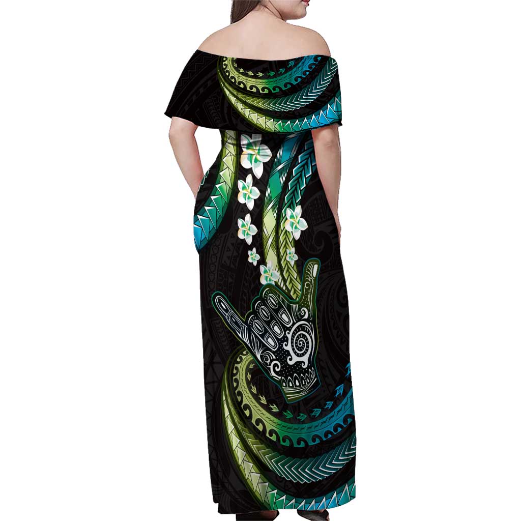 Hawaii Shaka Sign Family Matching Off Shoulder Maxi Dress and Hawaiian Shirt Fantastic Frangipani Chartreuse Cyan LT01 - Polynesian Pride