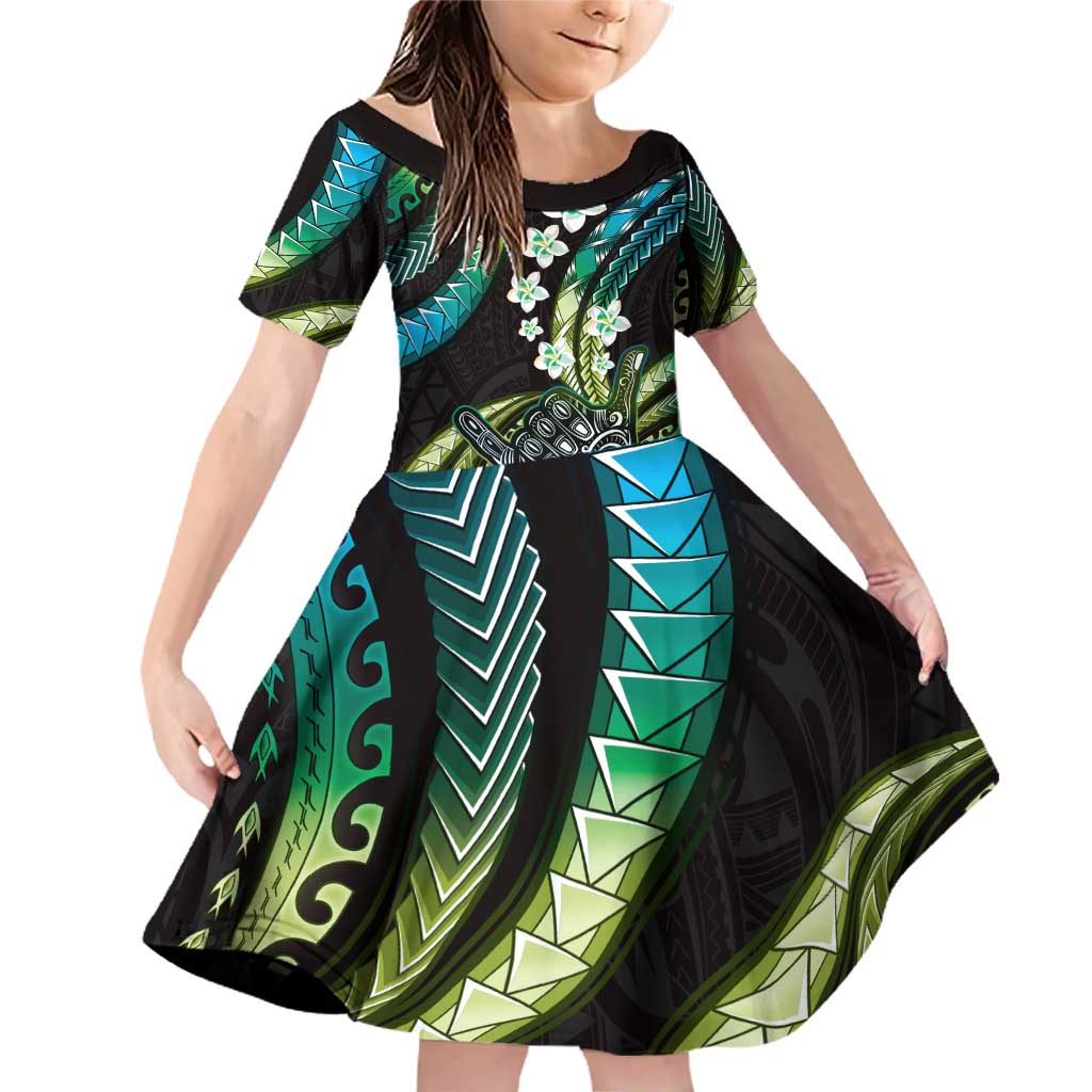 Hawaii Shaka Sign Family Matching Off Shoulder Short Dress and Hawaiian Shirt Fantastic Frangipani Chartreuse Cyan LT01 Daughter's Dress Cyan - Polynesian Pride