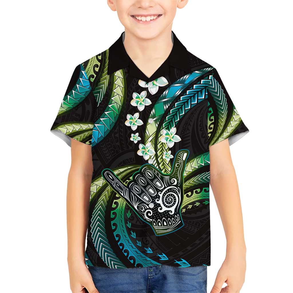 Hawaii Shaka Sign Family Matching Off Shoulder Short Dress and Hawaiian Shirt Fantastic Frangipani Chartreuse Cyan LT01 Son's Shirt Cyan - Polynesian Pride