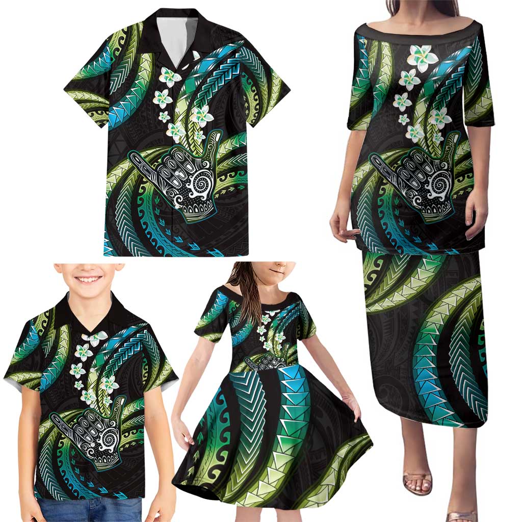 Hawaii Shaka Sign Family Matching Puletasi and Hawaiian Shirt Fantastic Frangipani Chartreuse Cyan LT01 - Polynesian Pride