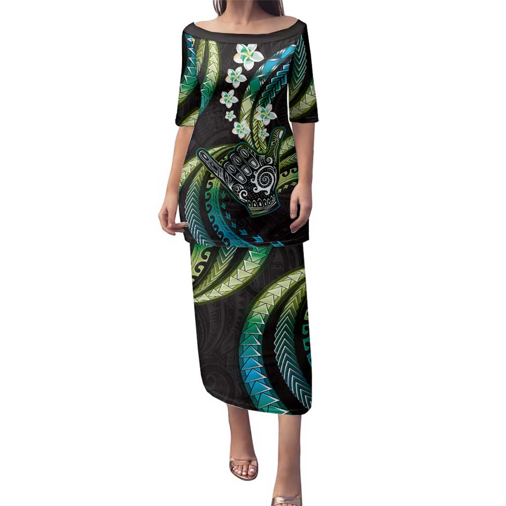 Hawaii Shaka Sign Family Matching Puletasi and Hawaiian Shirt Fantastic Frangipani Chartreuse Cyan LT01 Mom's Dress Cyan - Polynesian Pride