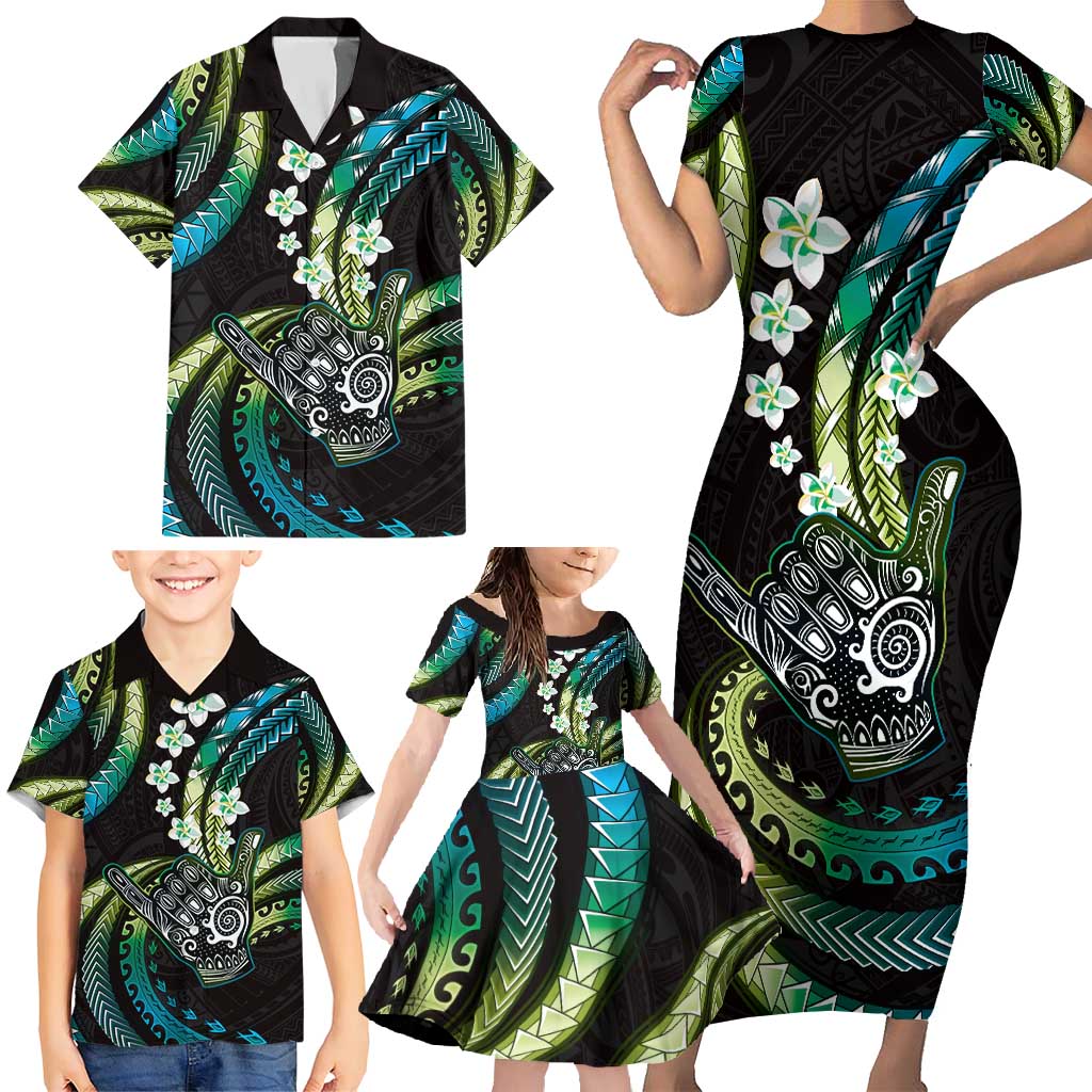 Hawaii Shaka Sign Family Matching Short Sleeve Bodycon Dress and Hawaiian Shirt Fantastic Frangipani Chartreuse Cyan LT01 - Polynesian Pride