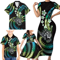 Hawaii Shaka Sign Family Matching Short Sleeve Bodycon Dress and Hawaiian Shirt Fantastic Frangipani Chartreuse Cyan LT01 - Polynesian Pride