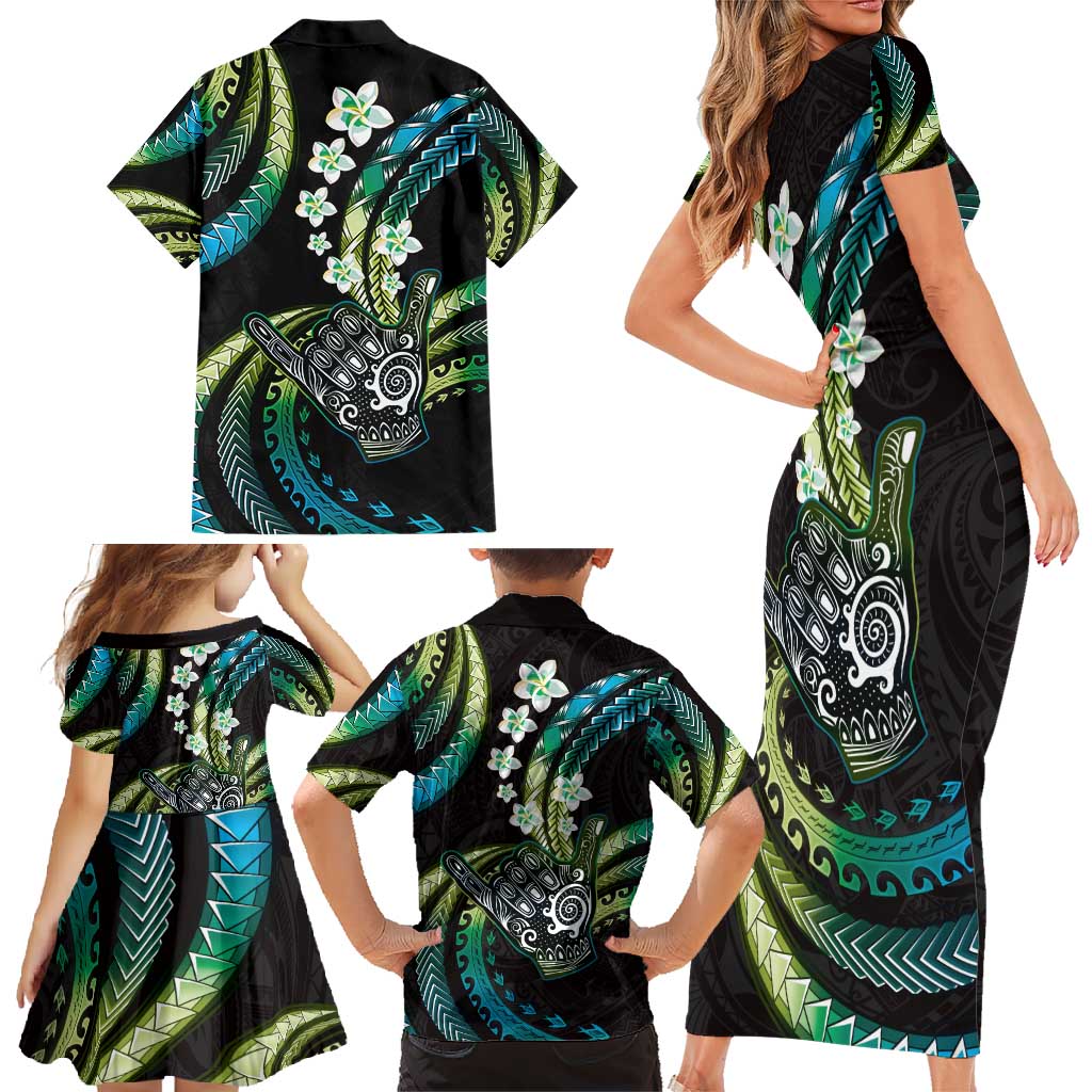 Hawaii Shaka Sign Family Matching Short Sleeve Bodycon Dress and Hawaiian Shirt Fantastic Frangipani Chartreuse Cyan LT01 - Polynesian Pride